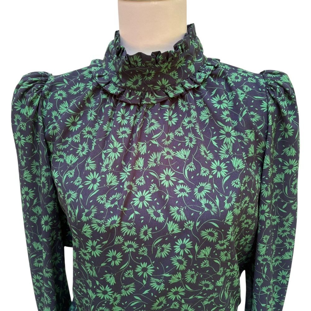 Zara Floral High Neck Blouse XL Green Black Puff Sleeve Ruffle NWT Victorian - Picture 2 of 10